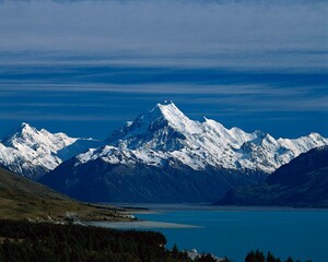 new zealand, south island, lake pukaki, mt. cook, 3764 m, mt. tasman, 3498 m, nature, landscape, mountains, snow covered, lake, mountain landscape, mountainous landscape, national park, 