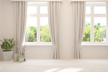 Fototapeta premium White empty room with summer landscape in window. Scandinavian interior design. 3D illustration