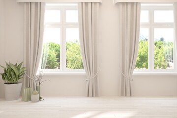 White empty room with summer landscape in window. Scandinavian interior design. 3D illustration