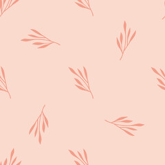 Fototapeta na wymiar Minimalistic style seamless pattern with abstract leaf branches shapes. Pink light background.