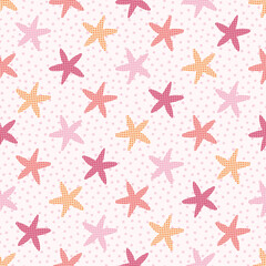 Colorful Boho Starfish on Pink Polka Dot Seamless Pattern Background