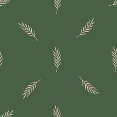 Fototapeta na wymiar Vintage seamless pattern with botanic hand drawn leaf branches grey shapes. Green pale background.