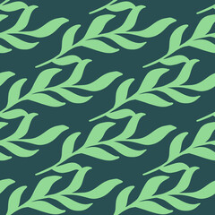 Bright turquoise seaweed floral seamless pattern in ocean style. Navy blue background. Marine print.