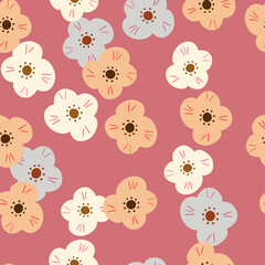 Nature seamless pattern with doodle random childish flowers ornament. Pink background. Simple print.