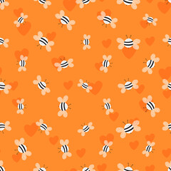 Seamless pattern with bees and hearts on color background. Small wasp. Vector illustration. Adorable cartoon character. Template design for invitation, cards, textile, fabric. Doodle style.