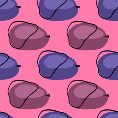Contoured abstract plums shapes seamless pattern. Navy blue and purple ornament. Pink background.