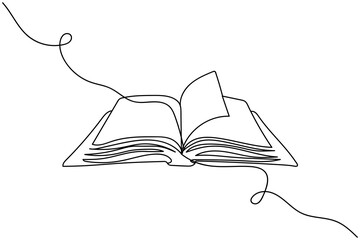 Continuous one line of open book in silhouette. Linear stylized.Minimalist.