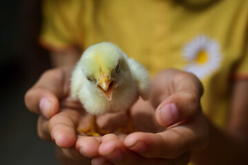 A little girl holding a chick is cutely standing on her hand.
