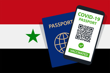 Covid-19 Passport on Syria Flag Background. Vaccinated. QR Code. Smartphone. Immune Health Cerificate. Vaccination Document. Vector