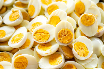 Hard-boiled chicken eggs cut into halves for food