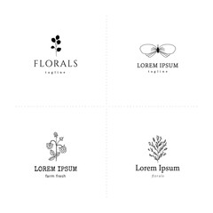 Set of logo templates with florals and summer hand drawn vector illustrations.
