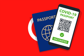 Covid-19 Passport on Tunisia Flag Background. Vaccinated. QR Code. Smartphone. Immune Health Cerificate. Vaccination Document. Vector