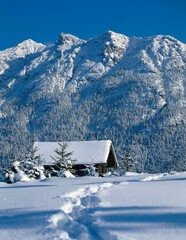 germany, bavaria, karwendel mountains, stadel, snow tracks, hut, mountains, karwendel, mountain...