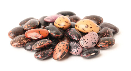 Pile of raw beans on white background. Vegetable planting