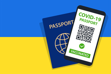 Covid-19 Passport on Ukraine Flag Background. Vaccinated. QR Code. Smartphone. Immune Health Cerificate. Vaccination Document. Vector