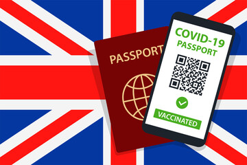 Covid-19 Passport on United Kingdom Flag Background. Vaccinated. QR Code. Smartphone. Immune Health Cerificate. Vaccination Document. Vector