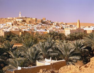 algeria, m'zab, bou noura, city view, valley, date palms, africa, north africa, town, view, sahara,...