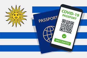 Covid-19 Passport on Uruguay Flag Background. Vaccinated. QR Code. Smartphone. Immune Health Cerificate. Vaccination Document. Vector