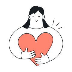 Cute cartoon woman holding a big red heart. Love, help, charity, health and care concept. Thin line vector illustration on white.