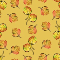 Fototapeta na wymiar Seamless pattern, Watercolor autumn leaves with shadow on yellow background