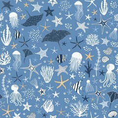 Marine seamless pattern with fishes and conchs and starfishes - 438637460