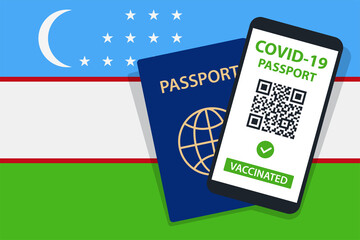 Covid-19 Passport on Uzbekistan Flag Background. Vaccinated. QR Code. Smartphone. Immune Health Cerificate. Vaccination Document. Vector