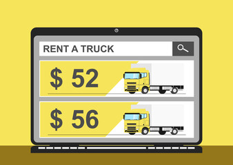Rent a truck concept. All texts on a solid background are easy to change. Flat vector without gradients.