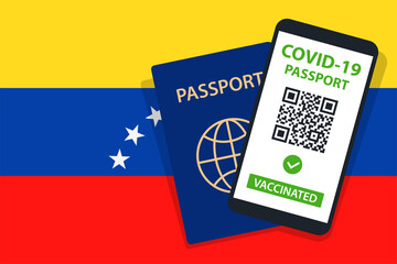 Covid-19 Passport on Venezuela Flag Background. Vaccinated. QR Code. Smartphone. Immune Health Cerificate. Vaccination Document. Vector