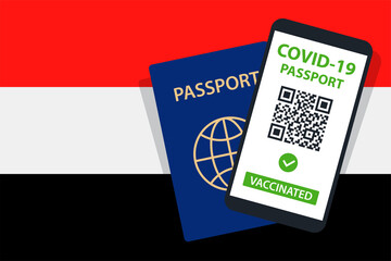 Covid-19 Passport on Yemen Flag Background. Vaccinated. QR Code. Smartphone. Immune Health Cerificate. Vaccination Document. Vector
