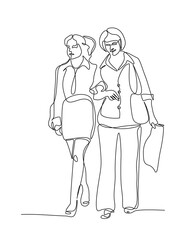Two girl walk together. Mother and daughter do shopping. One line art. People Outline illustration