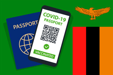 Covid-19 Passport on Zambia Flag Background. Vaccinated. QR Code. Smartphone. Immune Health Cerificate. Vaccination Document. Vector