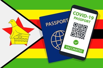 Covid-19 Passport on Zimbabwe Flag Background. Vaccinated. QR Code. Smartphone. Immune Health Cerificate. Vaccination Document. Vector