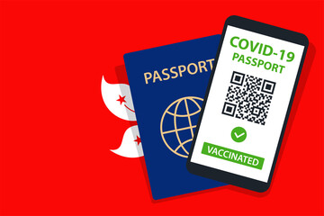 Covid-19 Passport on Hong Kong Flag Background. Vaccinated. QR Code. Smartphone. Immune Health Cerificate. Vaccination Document. Vector