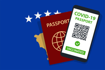 Covid-19 Passport on Kosovo Flag Background. Vaccinated. QR Code. Smartphone. Immune Health Cerificate. Vaccination Document. Vector