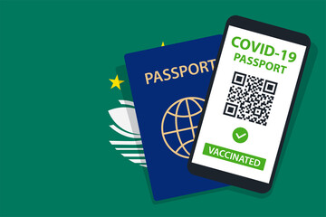 Covid-19 Passport on Macau Flag Background. Vaccinated. QR Code. Smartphone. Immune Health Cerificate. Vaccination Document. Vector