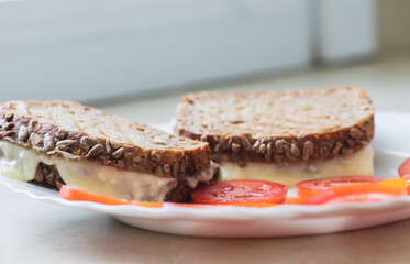 Toast slices of bread made from spelled flour filled with cheese, next to sliced tomatoes, on a white porcelain plate.