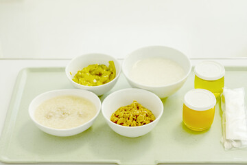 Food tray on the table in a room of a hospital. Patient and hospital concept. Copy space. 