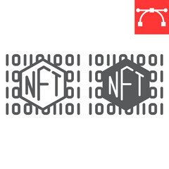 NFT code line and glyph icon, unique token and non fungible token, NFT vector icon, vector graphics, editable stroke outline sign, eps 10.