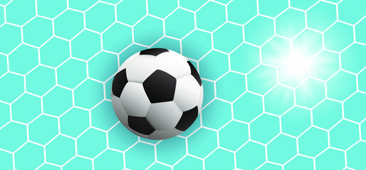 Goal net texture for ball in goal with sun rays. Blue sky. Soccer ball or football net pattern.  Vector background banner. wk, ek play model. Sport finale or school, sports. 2021