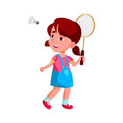 playful cute girl playing badminton game with shuttlecock cartoon vector. playful cute girl playing badminton game with shuttlecock character. isolated flat cartoon illustration