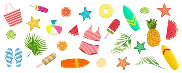 Set of tropical stickers. Hello summer. Elements for design and print.