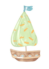 Cute baby wooden sailing ship toy. Hand drawn watercolor and pencils baby  wooden sailing boat. Isolated on white background. Baby accessories, toys. 