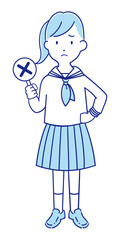 不正解と×の札を上げるセーラー服の女子中高生