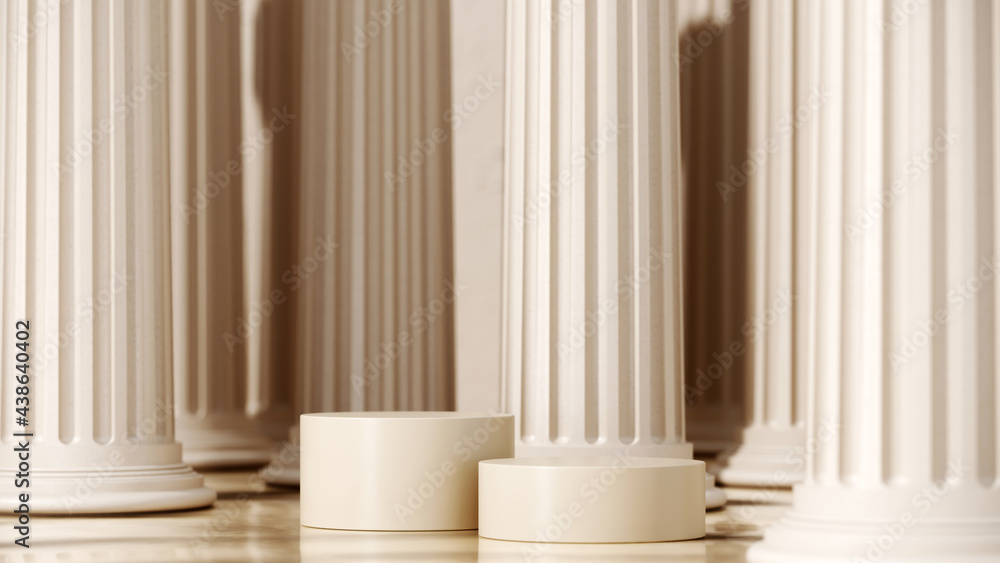 Poster 3D rendering podium geometry with columns. Abstract geometric shape blank platform. Minimal composition with round scene step floor. Empty showcase, pedestal product display for cosmetic presentation