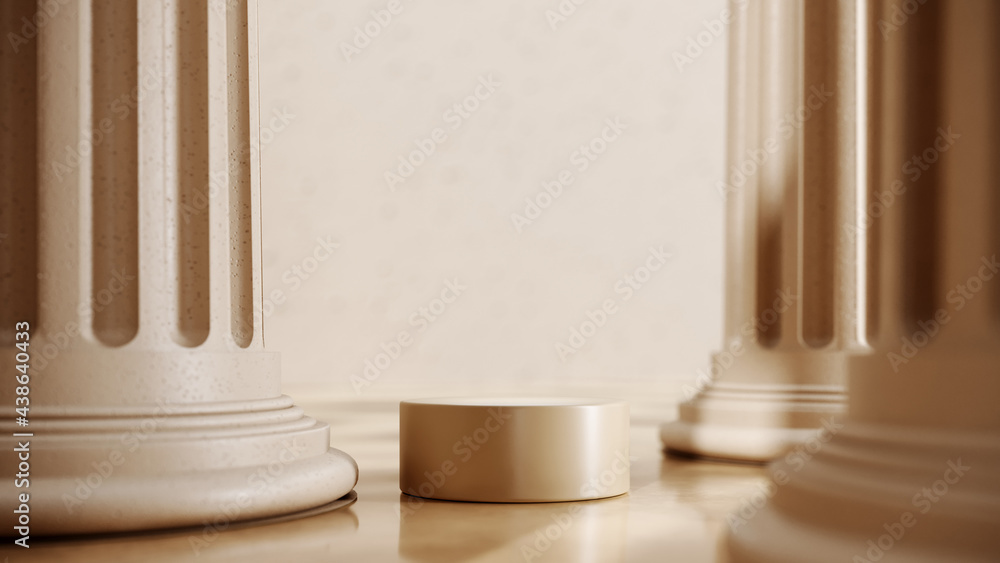 Poster 3D rendering podium geometry with columns. Abstract geometric shape blank platform. Minimal composition with round scene step floor. Empty showcase, pedestal product display for cosmetic presentation