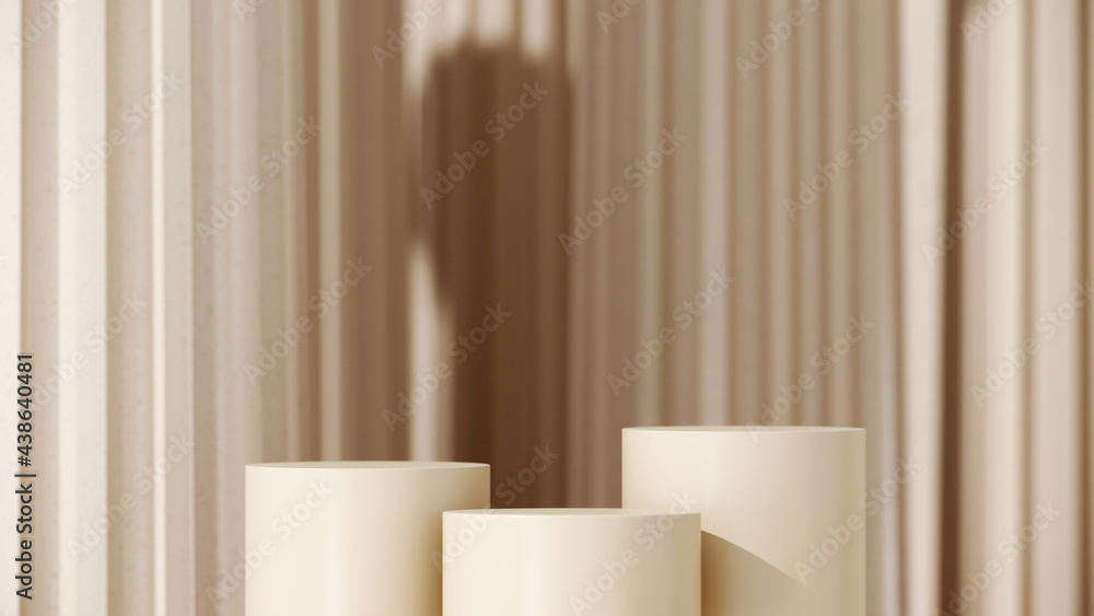 Poster 3D rendering podium geometry with columns. Abstract geometric shape blank platform. Minimal composition with round scene step floor. Empty showcase, pedestal product display for cosmetic presentation