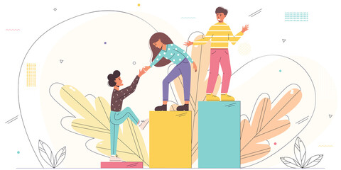 Vector illustration with young employees helping each other to climb the stairs. Teamwork, teambuilding and partnership concept. Modern flat illustration. EPS 10