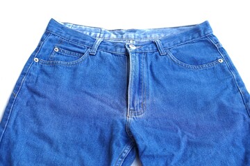 Blue jeans for men on white background. Concept man fashion. Menswear. Casual cloth. Daily life wearing.