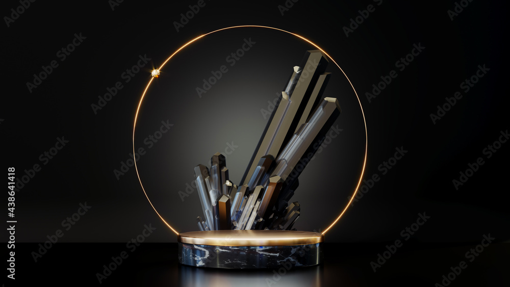 Poster 3d rendering gold podium geometry with crystals. abstract black geometric shape blank platform. empt