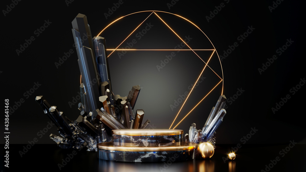Poster 3d rendering gold podium geometry with crystals. abstract black geometric shape blank platform. empt